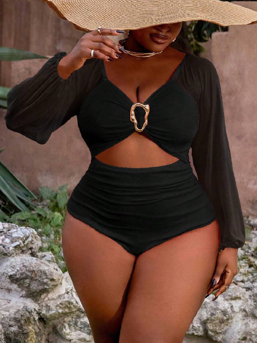 Slaydiva 2pcs Plus Size Women's Neon Orange Long Sleeve Hollow-Out Metallic Embellished One-Piece Swimwear For Daily Wear, Summer Beach Holiday - Black - View 1