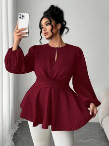 Elenzga 大码纯色简约日常长袖优雅收腰衬衫 - 酒紅色 - 查看 1