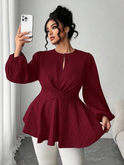 Elenzga 大码纯色简约日常长袖优雅收腰衬衫