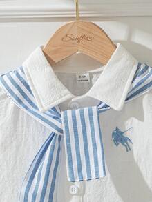Souflis Souflis 3件套男婴幼儿新生儿春夏百搭绅士黑白条纹梭织衬衫+短裤+可拆卸披肩三件套纯棉服装 - 彩色 - 查看 5