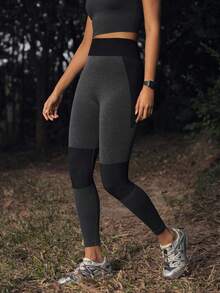 SHEIN In My Nature 女士高腰拼接撞色休闲百搭日常运动户外紧身裤 - 黑色 - 查看 3