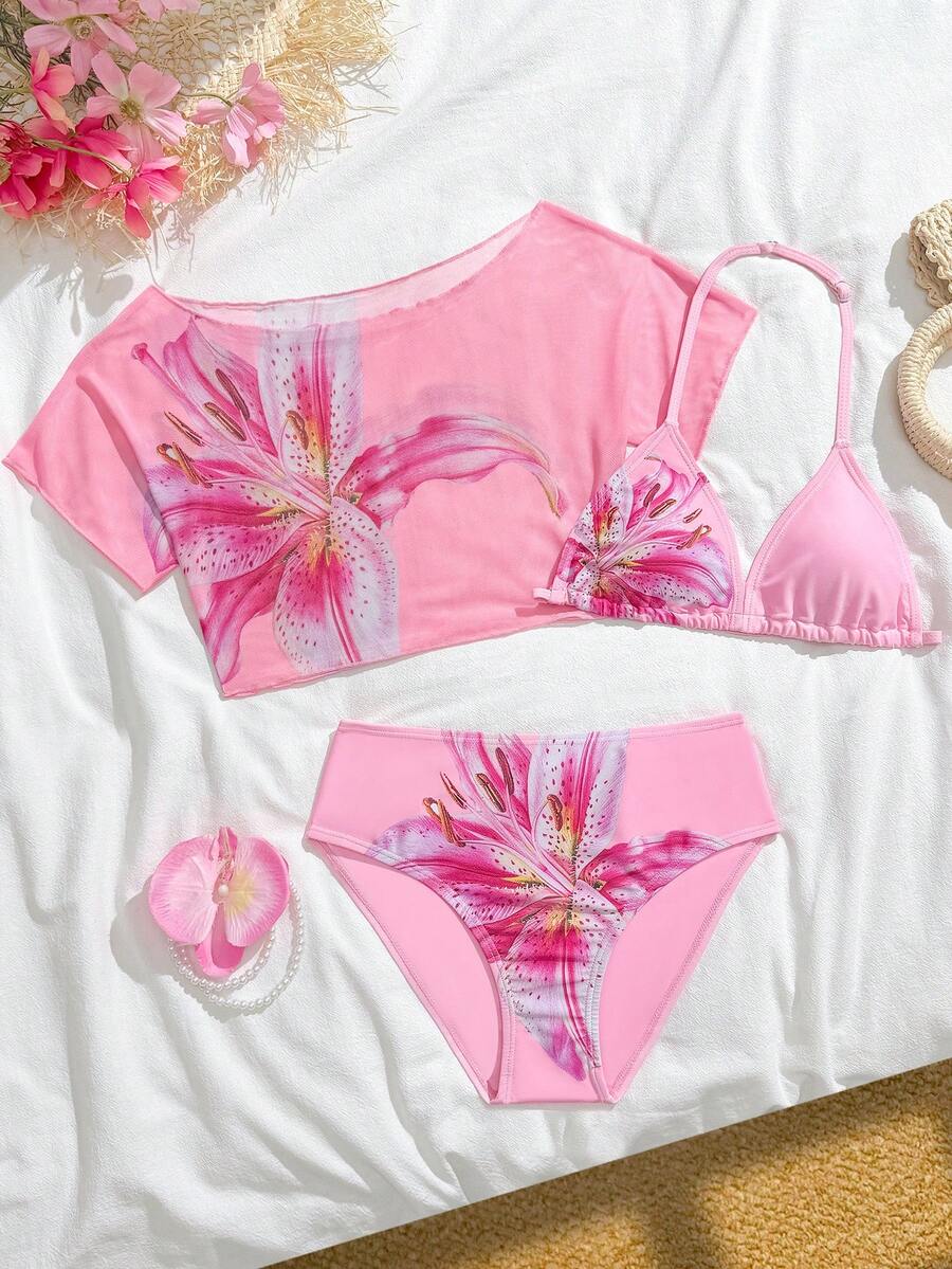 SHEIN 3件套少女百合花印花吊带泳衣 - 彩色 - 查看 1