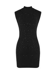 SHEIN Tall Women's Mandarin Collar Sleeveless Fitted Sequin Embellished Short Bodycon Dress - Black - View 2