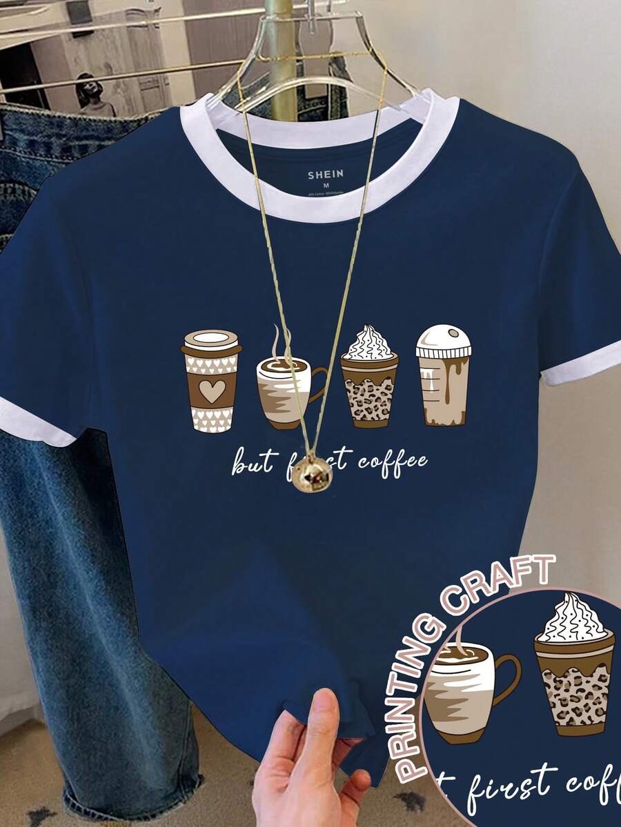 Resyla Plus Size Women's Casual Coffee Print Round Neck Short Sleeve T-Shirt, Summer - Navy Blue - View 1