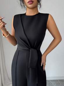 SHEIN Elenzya 女士新款黑色梭织圆领无袖收腰蝴蝶结宽松阔腿连体裤，优雅、休闲、舒适、简约，适合工作、度假、日常穿着，春夏皆宜。 - 黑色 - 查看 2