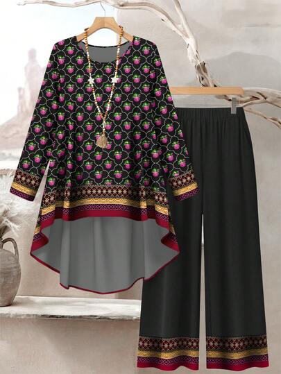 Lacomfia 女士加大码复古印花宽松圆领长袖不对称下摆上衣和裤子两件套，春季款