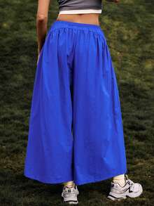 SHEIN Unity 女士休闲户外纯色阔腿裤 - 藍色 - 查看 2