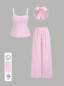 Sweetra 2件套女士浪漫格子吊带露背系带休闲吊带背心和直筒裤套装，春夏款 - 粉色 - 查看 1