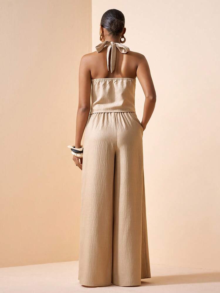 Zivah 2026 Spring/Summer New Casual Vacation Commuter Fitted Light Khaki Halter Neck Off-Shoulder Irregular Hem Top + Wide-Leg Long Women Two Pieces Set. Suitable For Dates, Valentine's Day, Everyday Wear, Casual Occasions, Party, Gatherings, Weddings, Vacations, Airport Outfits, Brunch, Commuting, Afternoon Tea,Western, Nomadic,Wedding Guest Attire-A - Khaki - View 2