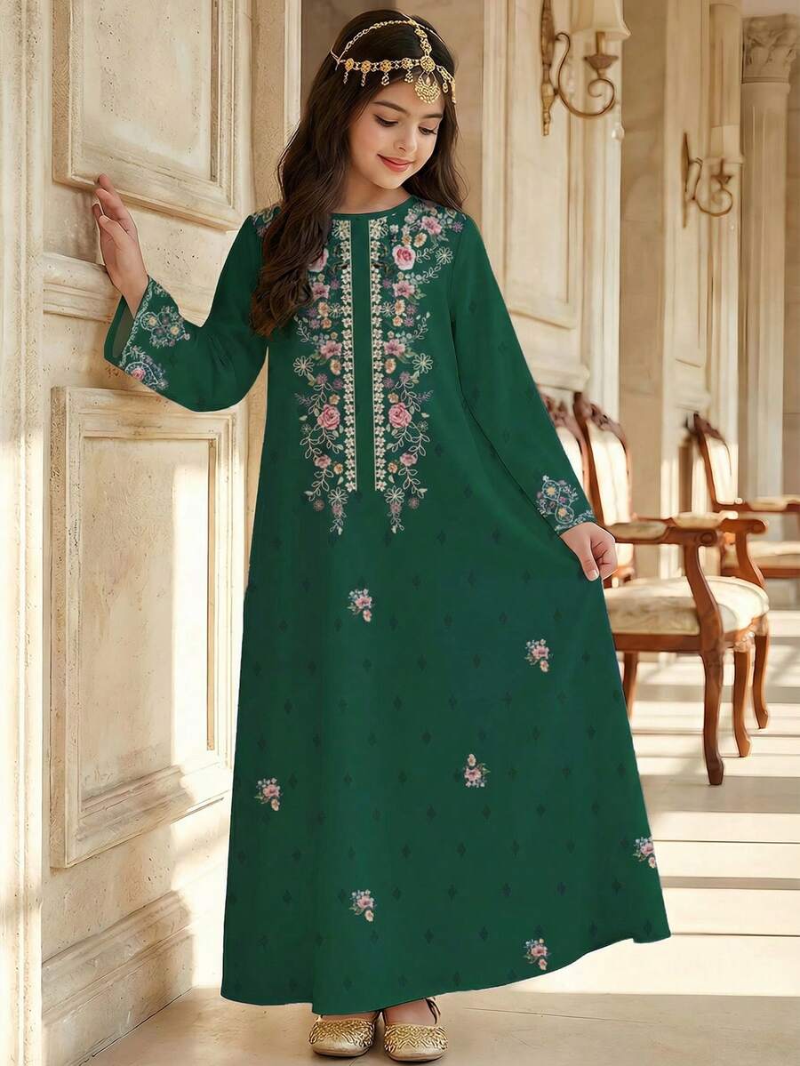 绿色花卉儿童长袍，优雅复古花卉刺绣，适合春夏穿着的少女休闲简约传统长袖阿拉伯连衣裙，优雅端庄的长袖连衣裙，祈祷长袍，舒适休闲，休闲穿着，度假风，端庄卡夫坦长袍，儿童长袍，少女长袍 - 白色 - 查看 1