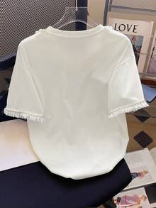 Resyla Lace Trim Studded Casual Round Neck T-Shirt, A Gift For Friends - White - View 2