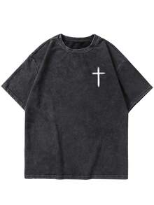 Manfinity EMRG 男士标语印花圆领短袖宽松休闲做旧T恤 - 黑色 - 查看 3