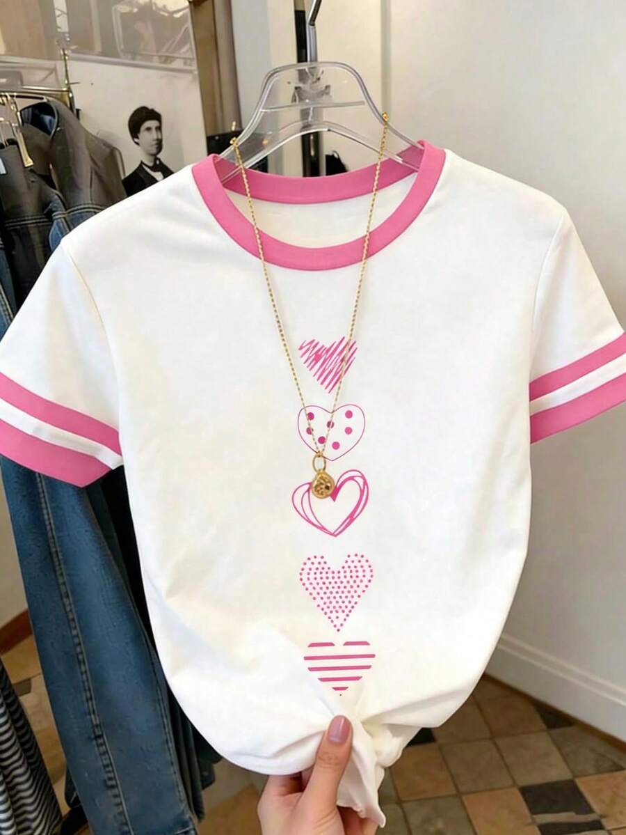 Resyla Women's Colorblock Striped Heart Pattern Round Neck T-Shirt, Casual Everyday Wear - Pink - View 1