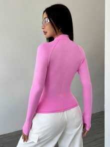 Flirla Women's Spring Autumn Solid Color Zippered Stand Collar Raglan Sleeve Fitted Jacket Fall Winter Cloth For Women - Pink - View 2
