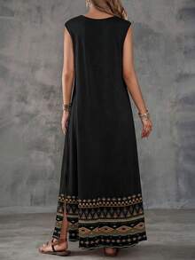 EMERY ROSE Sukienka damska bez rękawów z geometrycznym nadrukiem, swobodna, wiosenna, na wakacje, na co dzień - Czarne - Zobacz 2