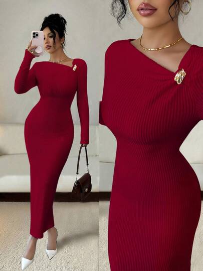 Bluhae Women's Elegant Solid Color Fitted Long Dress, Autumn/Winter