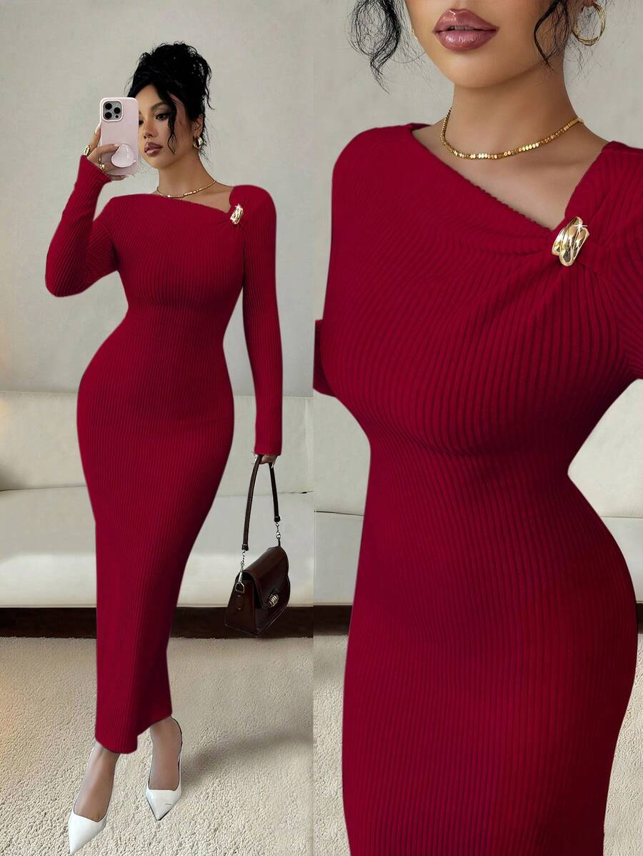 Bluhae 女士优雅纯色修身长连衣裙，秋冬款 - 紅色 - 查看 1