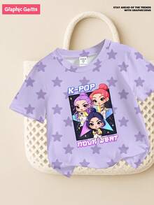 Young Girls' Letter & Cartoon Graphic Round Neck Short Sleeve T-Shirt, Ideal For K-Pop Fans And Everyday Wear, Purple Cute Tee For Young GirlSuitable For All Seasons Kids Shirt Girls Pop Pop Shirt Kids Kid Shirt Girl Shirts For Teens Girls Cartoon Kids Tops - White - View 1