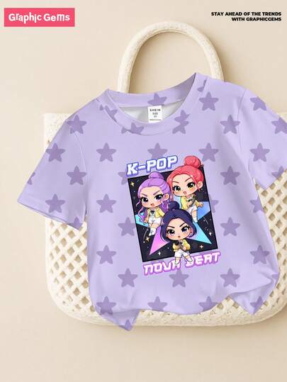 Young Girls' Letter & Cartoon Graphic Round Neck Short Sleeve T-Shirt, Ideal For K-Pop Fans And Everyday Wear, Purple Cute Tee For Young GirlSuitable For All Seasons Kids Shirt Girls Pop Pop Shirt Kids Kid Shirt Girl Shirts For Teens Girls Cartoon Kids Tops