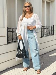 Lounesse 大码女式长款休闲衬衫，百搭白色衬衫，波西米亚风沙滩罩衫 - 米色 - 查看 6