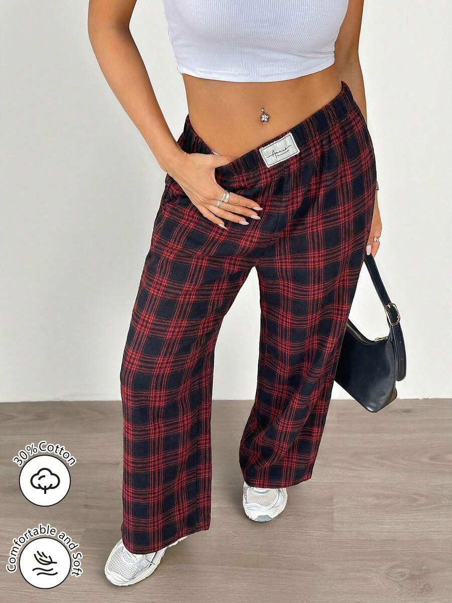 Aidyla Quần nữ kẻ caro dáng rộng, cạp chun, chất liệu mềm mại, thích hợp mặc mùa thu. - Đỏ - Xem 1