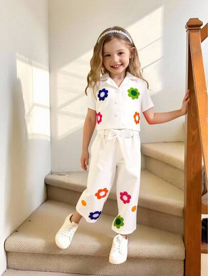 Elladie kids 2pcs Young Girls Apricot Short Sleeve Cardigan Casual Shirt Top With Floral Embroidery And Straight Leg Pants Set, Summer Children Casual Outfit Kids Pants Suit For Girls Young Girls Casual Outfit Flower Girl Outfit Girls Flower Outfit Kids Flower Pattern Top And Pants Set