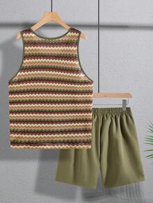 VENTUSAIL Men's Olive Green 2 Pieces Set,Textured Tank Top & Drawstring Shorts,Summer Vacation Holiday Boho Beach Wear,Sleeveless Outfits,Old Money Cancun Style - Multicolor - View 2