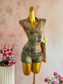 Sunnyshic 女士休闲度假优雅佩斯利印花波西米亚风V领短袖修身T恤，日常百搭 - 彩色 - 查看 6