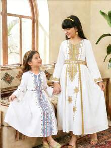 Young Girl' Traditional Cute Minimalist Round Neck Long Sleeve Pleated Dress, Suitable For Holidays, Spring/Summer - White - View 8