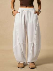 Easelle 复古西部波西米亚风白色弯刀图案女裤，毛边裤脚设计，适合春夏穿着 - 白色 - 查看 3