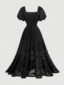 SHEIN MOD 女士复古泡泡袖蕾丝提花黑色腰带长裙 黑色蕾丝连衣裙 哥特式夏季服装 欧洲穿搭 黑色夏季连衣裙，情人节，女士情人节服装，狂欢节，哥特式夏季连衣裙，音乐会服装，维多利亚风格复古连衣裙 - 黑色 - 查看 3