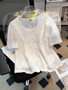 GlowEve CURVE 大码优雅法式休闲短袖衬衫，配独特纽扣，适合工作和日常穿着，春夏秋季皆宜。 - 杏色 - 查看 7