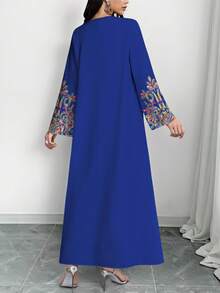 SHEIN Najma 女士彩色藤蔓图案数码印花蓝色V领长袖优雅阿拉伯风长连衣裙，春秋季 - 彩色 - 查看 2