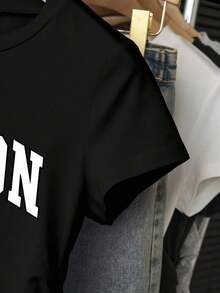 少女黑色波士顿印花高腰T恤，休闲百搭上衣 - 黑色 - 查看 3