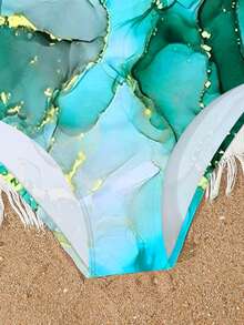 SHEIN Girls Swimsuits Quick Dry Crossback One Piece Beach Swimwear Bathing Suit With Adjustable Strap 8-14Years Tween Girl Marble Print One Piece Girls Cyan Swimsuit Aqua Blue Kids Swimsuit Turquoise Bathing Suit Girls Tween Girl Swimsuit Marble Print Swimsuit Girl Girls Abstract Print One-Piece - Multicolor - View 5