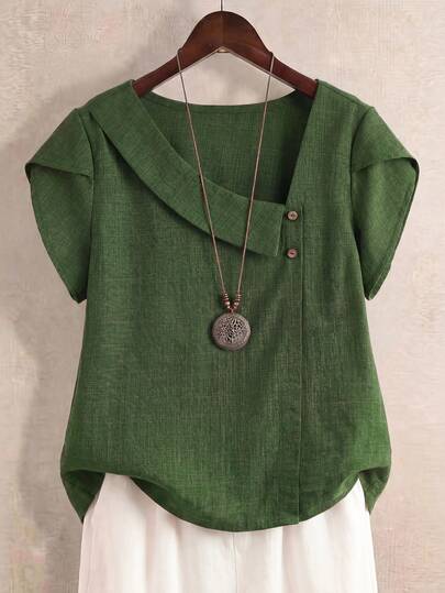 Omancia Blusa de manga corta versátil, esencial de moda de primavera/verano, elegante y de alta gama, adecuada para carnaval, Día del Trabajo, Pascua, fiesta de regreso a la escuela, trabajo, viaje, con cuello irregular suelto y color verde oliva