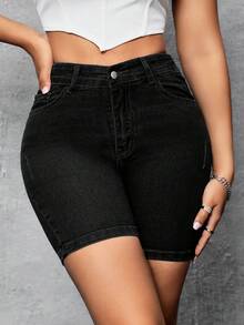 Flexra Quần short denim skinny tối giản túi xéo thời trang mùa hè dành cho nữ. - màu đen - Xem 3