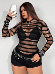 Whyspr 女士加大码性感镂空圆领修身长袖上衣 - 黑色 - 查看 5