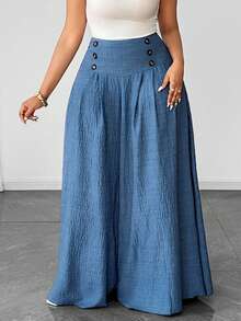 Maweii Plus Size Women's Solid Color Casual Woven Wide Leg Pants - Blue - View 4