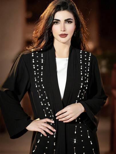 Layrah Elegant Rhinestone & Pearl Decorated Black Kaftan