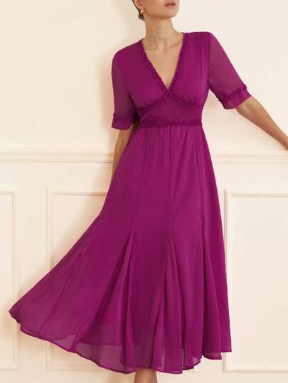 Aveloria Rosie Vestido de gasa de unicolor burdeos de estilo retro francés, elegante y lujoso, de manga corta y longitud media, con cuello en V profundo, cintura plisada y fruncida, delicado volante, silueta evasé, fluido y estilizador, nuevo para primavera/verano, adecuado para trabajo, citas, reuniones, bodas, fiestas, vacaciones