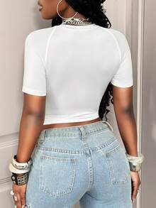 BamGleam Women's Round Neck Letter & Number Print Casual Versatile Daily Wear Short Sleeve T-Shirt - White - View 2