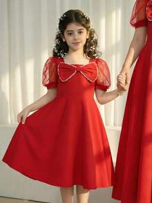 Sparklyn Tween Girl Elegant Woven Back Gathered Square Neck Mesh Puff Sleeve Luxurious Pearl Bow Decor Dress, Suitable For Daily Wear, Gatherings, Parties, Weddings - Red - View 1