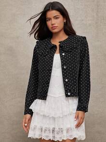 WESTFADE Polka Dot Print Oversized Ruffle Peter Pan Collar Button Front Long Sleeve Cotton Blend Denim Jacket - Grey - View 4