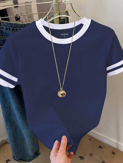 Resyla Plus Size Casual Color Block Round Neck Short Sleeve T-Shirt, Summer