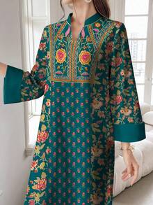 SHEIN Najma 女士花卉植物印花V领长袖优雅阿拉伯风格连衣裙，春秋季 - 彩色 - 查看 3