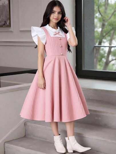 SHEIN 1pc Girls' Elegant Ruffle Collar Cap Sleeve Contrast Color Fitted Dress, Textured Fabric, Suitable For Spring/Summer Travel, Vacation Or Formal Occasions