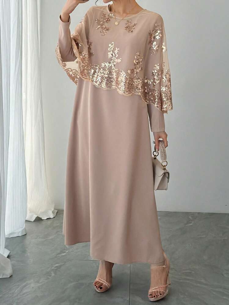 Women's Gold Foil Mesh Shawl And Round Neck Long Sleeve Dress Casual Daily Holiday Outfit