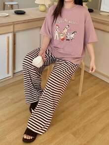 Dazy Plus 2件套可爱印花宽松短袖上衣和条纹长裤睡衣套装，春夏款 - 粉色 - 查看 5