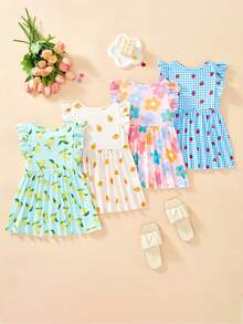 SHEIN 4件組女嬰可愛花卉印花短袖休閒洋裝，夏季款 - 彩色 - 查看 2